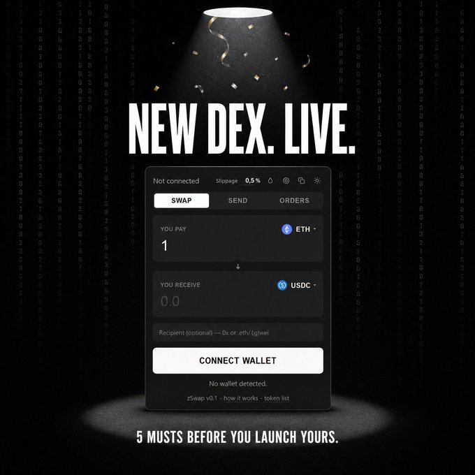 A dark promotional graphic with confetti falling from a spotlight announces "NEW DEX. LIVE." above a zSwap v0.1 trading interface showing a SWAP tab for ETH to USDC at 0.5% slippage, with a "CONNECT WALLET" button and the tagline "5 MUSTS BEFORE YOU LAUNCH YOURS." at the bottom—visually echoing the post's announcement of zSwap's permanent, always-on DEX launch.