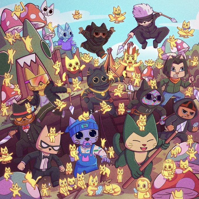 The image shows a vibrant, cartoon-style illustration featuring numerous stylized cats and cat-like characters in ninja outfits, samurai armor, and adventurer gear, surrounded by glowing yellow cat sprites and colorful mushrooms. The caption relates to the post's reference to "holders" by depicting a diverse cast of unique cat characters—each potentially representing a different NFT/collectible owner—gathered together in an action-packed scene, suggesting a community that's still accessible at a low holder count.
