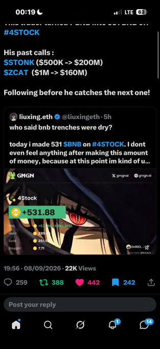 A screenshot of a Twitter/X post about the cryptocurrency token #4STOCK, featuring past calls of $STONK ($500K -> $200M) and $ZCAT ($1M -> $160M), along with a quoted post from liuxing.eth showing a gain of 531.88 on $BNB/4STOCK.