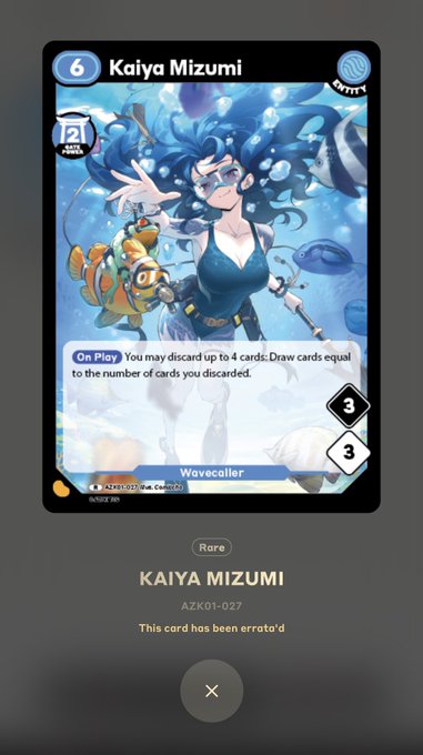 A digital trading card featuring Kaiya Mizumi (AZK01-027), a Rare Wavecaller from Azuki TCG, displayed with an "On Play" ability to discard up to 4 cards and draw an equal number, with stats of 6/3/3. The card includes a notification that it has been errata'd, directly relating to the post's observation about certain cards carrying this corrected version message.