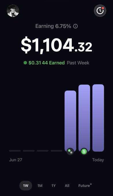A screenshot of the Aave app dashboard showing $1,104.32 in deposits earning 6.75% APY, with $0.31 earned over the past week. The post celebrates getting fully onboarded to Aave and depositing funds from a bank account to start earning yield, with the image visually confirming the earnings growth over the past week.