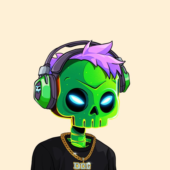 A digital cartoon illustration of a green skeleton character with purple hair, glowing blue eyes, wearing green headphones and a black shirt with a gold 'DDC' chain necklace.