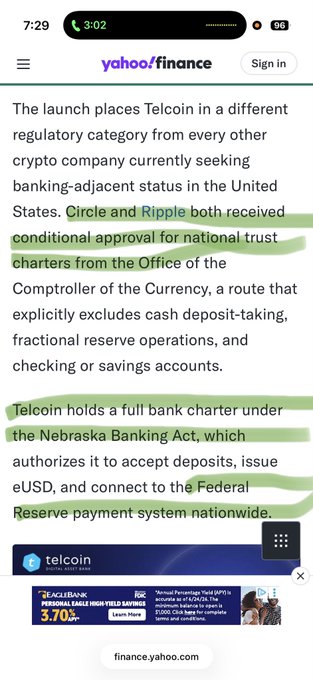 The image is a Yahoo Finance article highlighting how Telcoin distinguishes itself from crypto peers Circle and Ripple through its regulatory status. While Circle and Ripple received conditional national trust charters that exclude deposit-taking and reserve operations, Telcoin holds a full bank charter under the Nebraska Banking Act, authorizing it to accept deposits and connect to the Federal Reserve system. The accompanying post emphasizes this difference, reinforcing that Telcoin functions as a true digital bank rather than being limited to the narrower trust charter path used by Ripple.