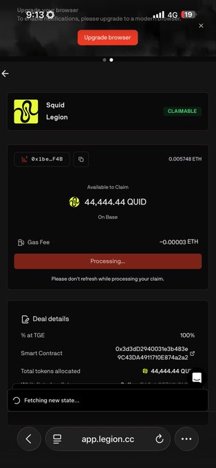 A mobile browser screenshot of app.legion.cc showing a 'Squid Legion' token claim interface with 44,444.44 SQUID available to claim and a 'Processing...' button displayed.