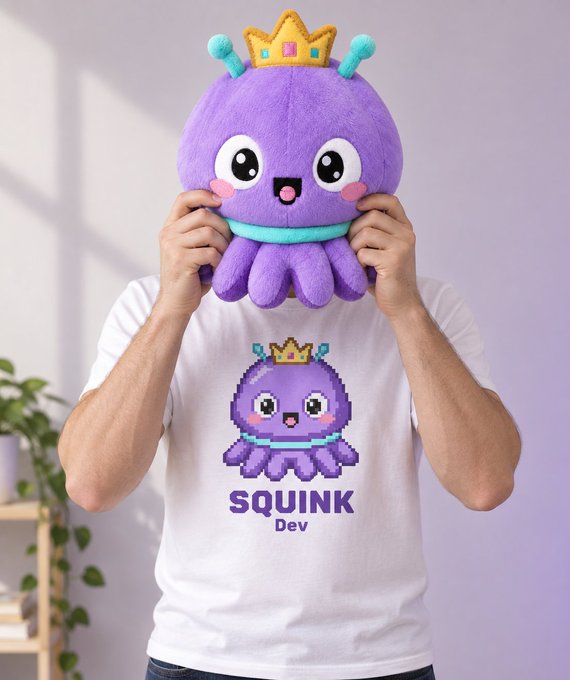 A developer wears a t-shirt featuring their pixel-art mascot "SQUINK Dev" while holding up a matching plush version of the purple crowned character over their face, playfully "holding their beer" with a cute squiddy companion instead.
