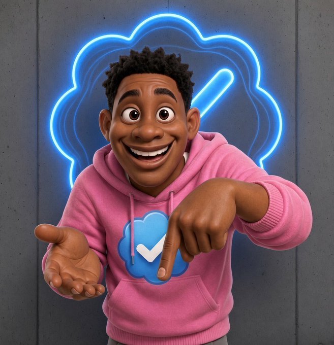A 3D-rendered cartoon character with a wide smile wears a pink hoodie featuring a blue checkmark logo, pointing down toward it while gesturing outward with his other hand, set against a glowing blue neon cloud-like background.