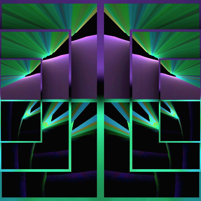 A symmetrical, abstract digital artwork features a grid of geometric panels with vibrant green and purple colors, displaying radiating light beams in the top section and glowing paths in the bottom.