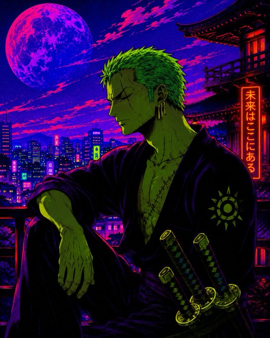 Anime-style artwork of a green-haired scarred man in a black kimono with three swords, set against a neon-lit cityscape with a red moon and Japanese text.