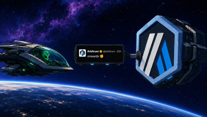 A space-themed image showing a spaceship and a space station orbiting Earth, with a central panel displaying an 'Arbitrum' social media post reading 'onwards'.