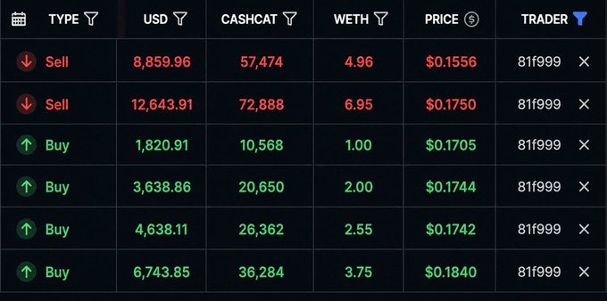 A dark-themed cryptocurrency trading order book showing sell and buy orders for CASHCAT and WETH, with prices in USD ranging from $0.1556 to $0.1840, all attributed to the trader '81f999'.