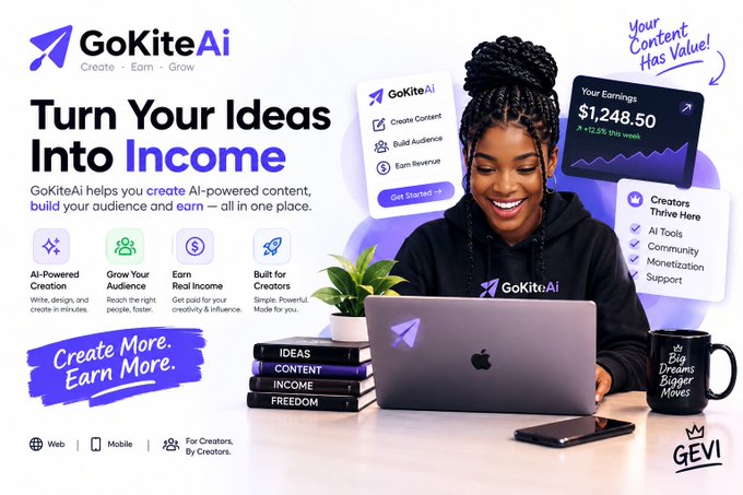 A promotional banner for GoKiteAi with the tagline "Turn Your Ideas Into Income," featuring a smiling woman using a laptop, with $1,248.50 in displayed earnings.