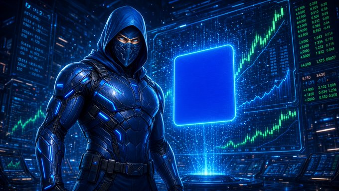 A digitally rendered hooded figure in dark blue futuristic armor stands before glowing blue holographic displays showing financial charts and stock market data with green trending graphs.