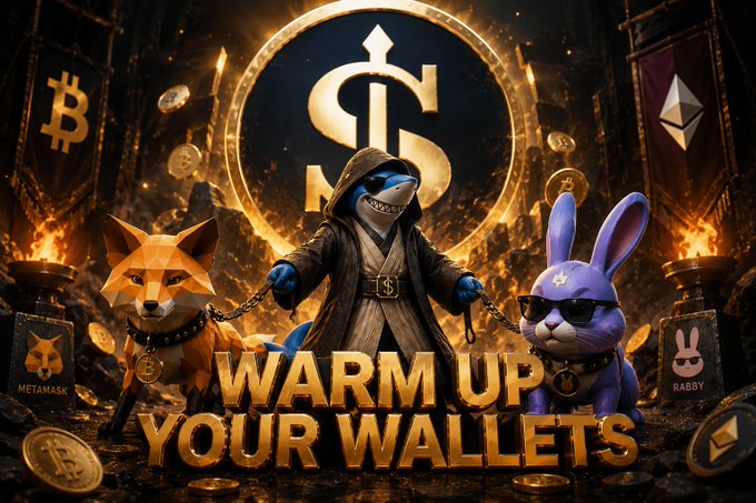 The image features a shark character in a hooded robe flanked by a geometric fox and a purple rabbit wearing sunglasses, all chained together with golden coins scattered around them. Behind them is a glowing dollar sign emblem, with "WARM UP YOUR WALLETS" displayed in bold gold letters and crypto logos including Bitcoin, Ethereum, Metamask, and Rabby visible on banners. The image visually reinforces the post's call to action about preparing wallets for EthraShip's tokenized shipping asset ecosystem and on-chain liquidity rewards campaign.