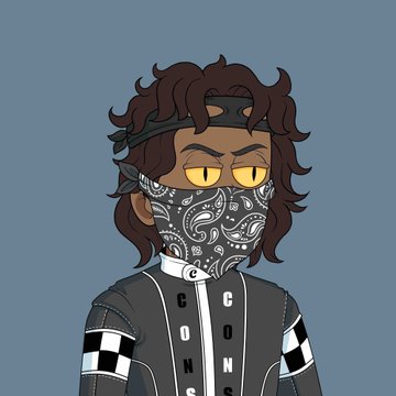 A digital illustration of a character with brown hair wearing a black bandana with white paisley patterns over their face and a black jacket with checkerboard accents.