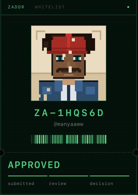 A pixel art ID card showing a character with a red cap and beard, labeled "ZADDR WHITELIST" with the address "ZA-1HQS6D", username "@manyaaww", and marked "APPROVED".