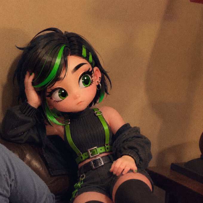 A custom doll with black and neon green hair, large green eyes, and a black outfit with green suspenders lounges on a brown leather couch, embodying the playful and edgy crypto aesthetic of the Four.meme BSC community.