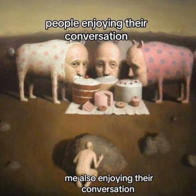 A surrealist meme image showing three bald men between two polka-dot pigs enjoying a tea party, with text reading 'people enjoying their conversation' above and 'me also enjoying their conversation' below.