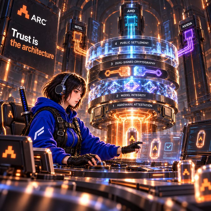 Digital artwork showing a young woman in a blue hoodie operating futuristic computer equipment, with layered technology architecture labeled 'Trust is the architecture' featuring AMD, Intel, and Nvidia branding.