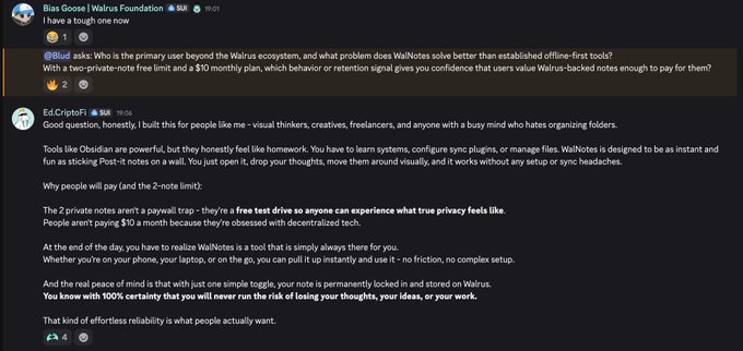 A Discord conversation between Blas Goose and Ed.CriptoFi discussing WalNotes, with Ed explaining that the tool is designed for visual thinkers, creatives, and freelancers who hate organizing folders, featuring a free tier with two private notes and a $10/month premium plan that offers true privacy without requiring a crypto wallet.