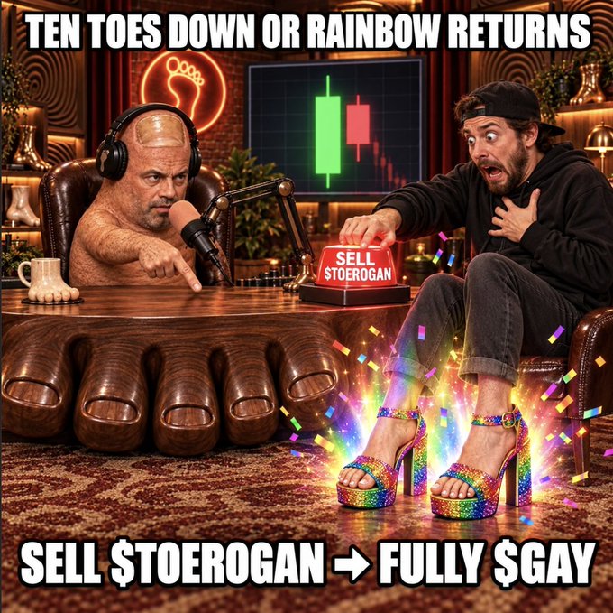 A meme showing a bald Joe Rogan as a desk and a shocked man in rainbow heels about to press a 'SELL $TOEROGAN' button, with text 'TEN TOES DOWN OR RAINBOW RETURNS' and 'SELL $TOEROGAN → FULLY $GAY'.