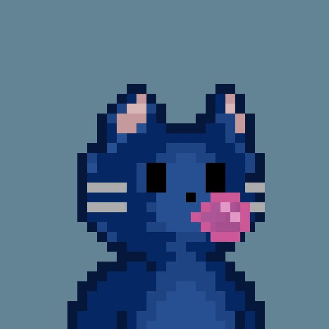 Pixel art illustration of a dark blue kitten with pink inner ears and a pink flower or bubble near its mouth, set against a light blue background.