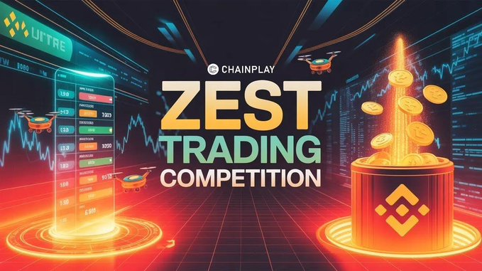 This image features a vibrant graphic design that showcases two trading platforms, Binance and cryptocurrency exchange, which are competing against each other with flying coins suspended above them. The background of the image has a dark purple hue, serving as an ideal backdrop for the bright colors representing the trading platforms. At the center, there is a large banner that reads "ZEST TRADING COMPETITION", accompanied by text in white and red providing information about the event.