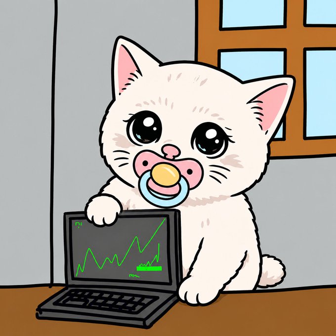 A cute white cartoon kitten with big sparkling eyes and a pacifier in its mouth sits next to a laptop displaying a rising green chart, perfectly matching the $BABYCASHCAT meme theme of loving bullish green price action.