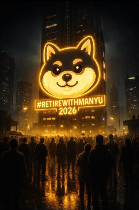 A digital artwork showing a crowd of people gathered at night in the rain, looking up at a large illuminated sign shaped like a Shiba Inu dog's face with the text '#RETIREWITHMANYU 2026'.