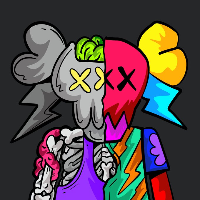 A vibrant pop-art style illustration of a figure with a half-skull, half-red face featuring X-shaped eyes, a visible green brain, and a colorful patchwork body against a dark background.
