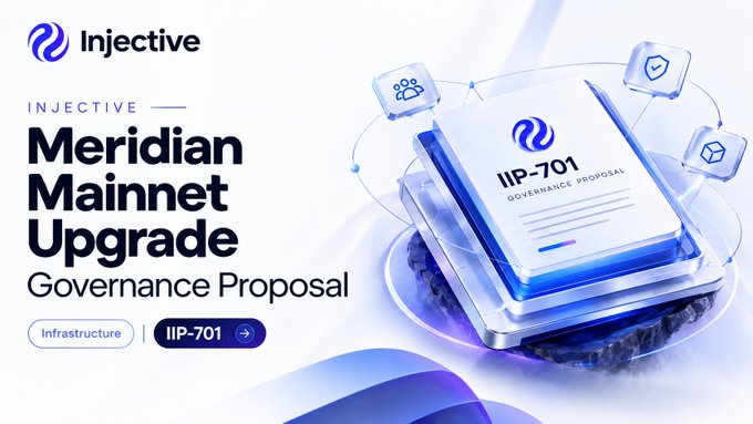 A promotional graphic for Injective's 'Meridian Mainnet Upgrade' Governance Proposal (IIP-701), categorized under Infrastructure, featuring a 3D illustration of a document with the Injective logo.