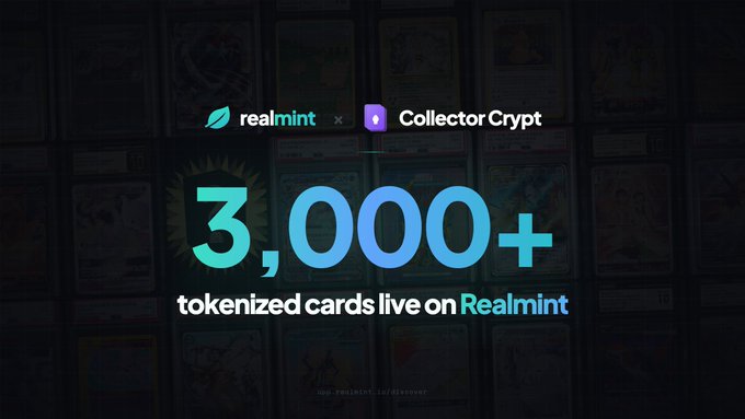 The image shows a poster for Trading Cards by @Collector_Crypt that has been posted on Realmint. The poster displays three different types of trading cards including Pokemon, NFL, NBA, and others, along with the text "Big news! We've just brought Trading Cards by @Collector_Crypt to @injective Over 3,000+ tokenized trading cards, including Pokemon, NFL, NBA, and more". The poster also mentions that these trading cards are tokenized, meaning they can be used as digital currency. The post encourages users to "Enjoy a seamless, gasless experience without ever leaving the ecosystem!".