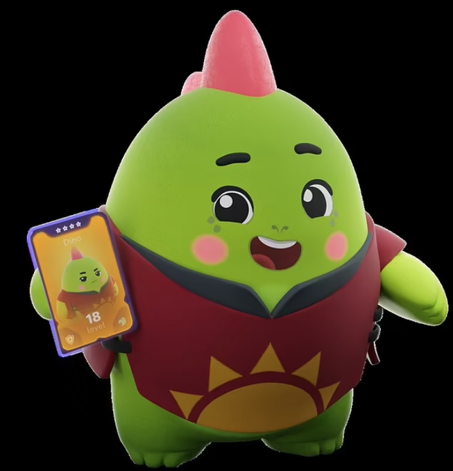 A 3D-rendered green dinosaur character with a pink spike on its head, wearing a red vest and holding a trading card that says 'Dino 18 level'.
