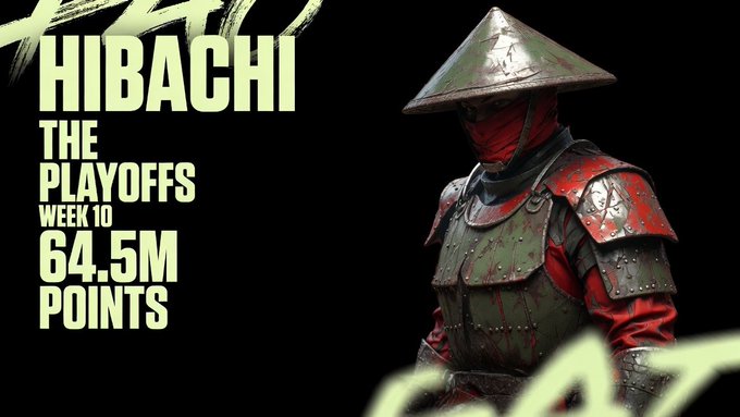 A gaming promotional graphic featuring a samurai-style armored character with a conical hat, advertising 'HIBACHI - THE PLAYOFFS WEEK 10' with '64.5M POINTS'.