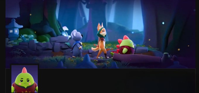An animated scene shows a fox-like character and a small gray creature in a forest at night, with a green spiky character shown in a small inset in the bottom-left corner.