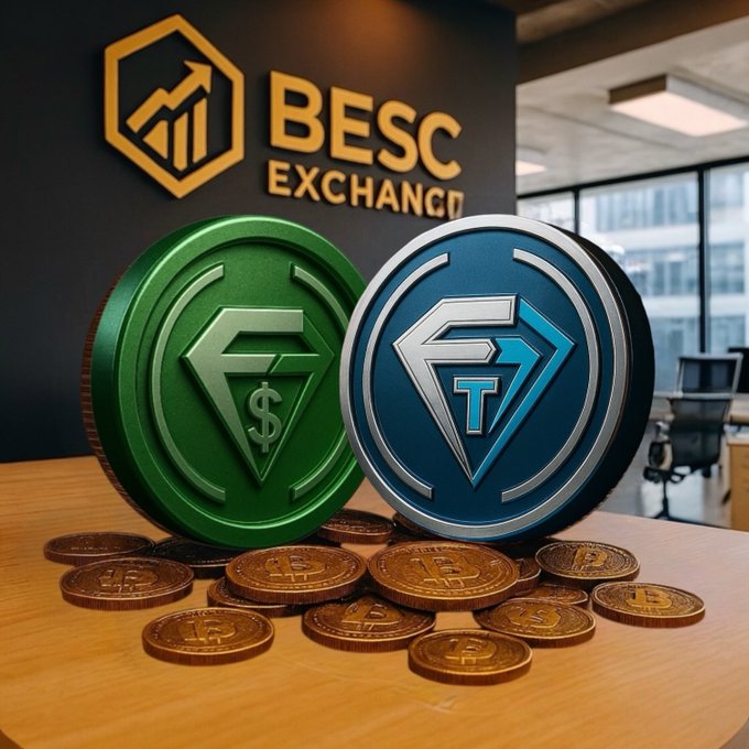 The image features two stacks of coins sitting on top of a wooden table. The coins are made out of gold and have the logos of "BESC" and "EXCHANGING" written on them, indicating that they might be related to cryptocurrency or exchange trading. The text in the image reads "It feels like a long time since we started talking about a Tier 1 CEX listing for $FUSD and $FUST - that's because good things take time to build". This suggests that the coins are valuable and have been collected over time, possibly as part of an investment or collection.