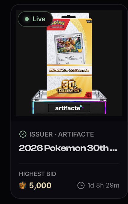 A live digital auction listing on Artifacete for a '2026 Pokemon 30th...' item from the Knockout Collection, showing an Eevee trading card pack with a highest bid of 5,000 and 1 day, 8 hours remaining.