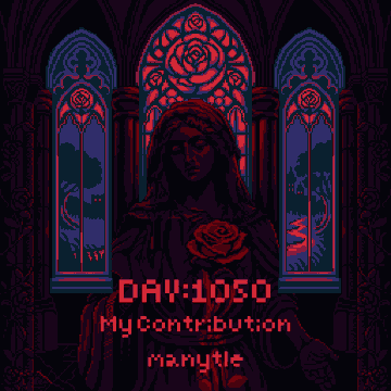 The image features a digital art piece with a dark, Gothic-style setting featuring stained glass windows. The artwork includes a large rose held by a statue of a woman, which adds an element of mystery and intrigue. The caption below the artwork reads "Day #1050: A Crimson Rose Yesterday, I created a rose-themed stained-glass artwork and designed two windows on canvas". This suggests that the artist has been working on this project for quite some time, as it took 15 hours to complete.