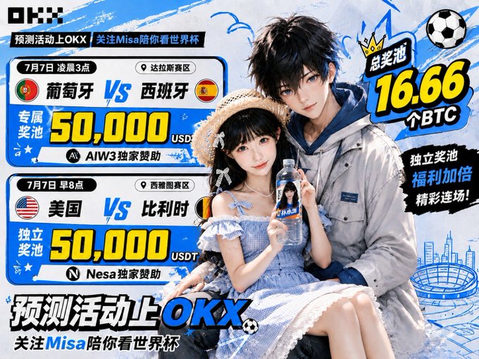 OKX World Cup prediction event promotional banner featuring anime-style characters, advertising matches Portugal vs Spain (July 7, 3AM) and USA vs Belgium (July 7, 8AM) with a 50,000 USDT prize pool and a total prize pool of 16.66 BTC.
