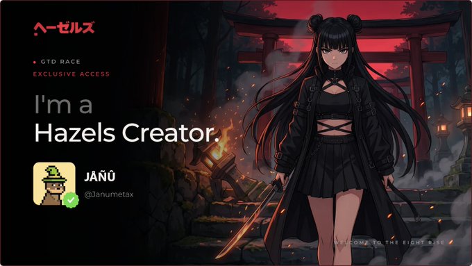 An anime-style promotional banner featuring a dark-haired female character with swords, text reading 'I'm a Hazels Creator.', the username 'JANŪ' (@Janumetax), and Japanese text 'ヘーゼルズ' (Hazels).