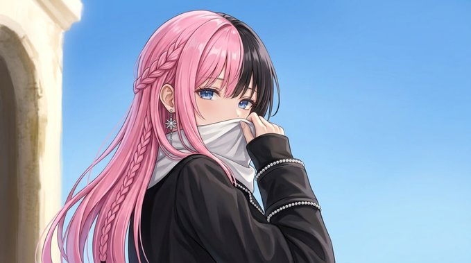 Anime-style illustration of a girl with long pink hair and a black/white split hairstyle, wearing a face mask and a black jacket, touching her mask.