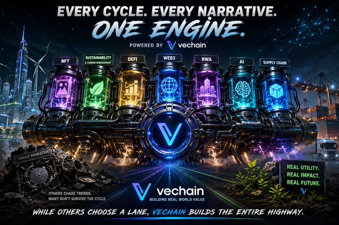 A futuristic VeChain promotional graphic features a glowing engine composed of six neon-lit cylinders labeled "NFT," "Sustainability & Carbon Management," "DeFi," "Web3," "RWA," "AI," and "Supply Chain," beneath the tagline "EVERY CYCLE. EVERY NARRATIVE. ONE ENGINE. POWERED BY vechain." The image's "one engine" visual reinforces the post's message that VeChain ($VET) powers multiple blockchain sectors rather than chasing single trends.