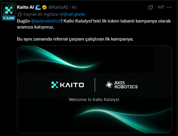 A tweet from Kaito AI (@KaitoAI) announces their first token-based campaign on Kaito Katalyst with @axisrobotics, noting it's also the first campaign to run the referral multiplier. The post includes a graphic featuring both the "Kaito" and "Axis Robotics" logos with the text "Welcome to Kaito Katalyst" against a dark background with teal wave designs.