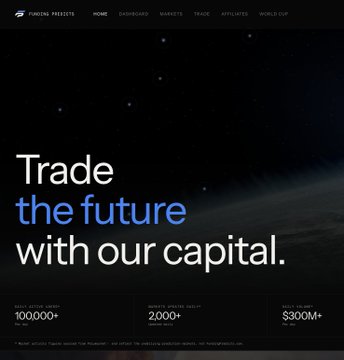 The image shows a screenshot of a website called "fundingpredicts.com" with the title displayed at the top left corner that says "Trade the future with our capital!". The image also contains some text, including a number of bullet points about trade opportunities in the financial markets for investors to explore and potentially earn money on.