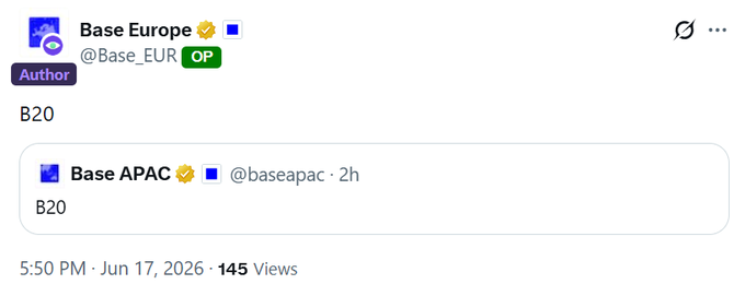 The image displays a Facebook page with a white background that has been cut off. There is a post from @baseAPAC about a new initiative, while a user named @BaseEurope responds to the post. In another part of the post, there's an unexpected element: a symbol resembling a pair of scissors, placed directly below the text. The message at the bottom of this meme says "@baseAPAC and Base Europe both posted: B20". However, no further explanation or details are provided about what's happening in the image or why the person is responding to the post.