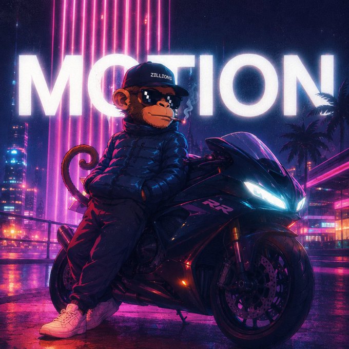 A neon-lit digital illustration of a stylized monkey wearing a 'ZILLTONS' cap, pixelated sunglasses, and a dark jacket, sitting on a sportbike with 'RR' branding beneath a large glowing 'MOTION' sign.