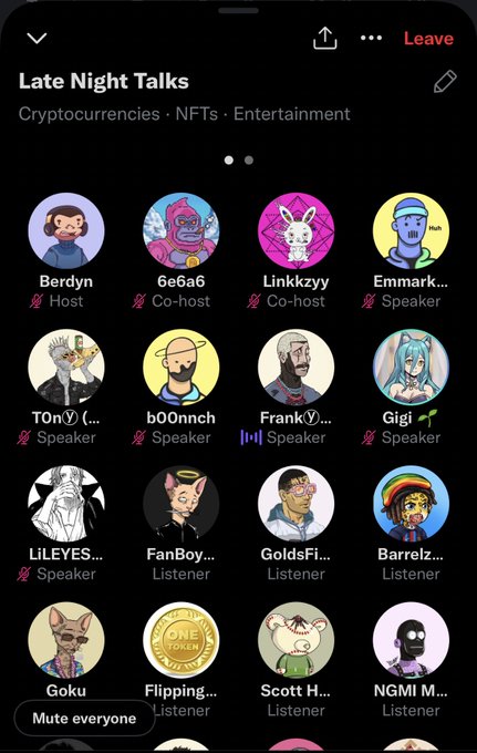 A screenshot of the Clubhouse app showing the 'Late Night Talks' room (Cryptocurrencies, NFTs, Entertainment) with participants including Berdyn (Host), 6e6a6 and Linkkzyy (Co-hosts), and speakers like b00nnch, Frank¥, and Gigi.
