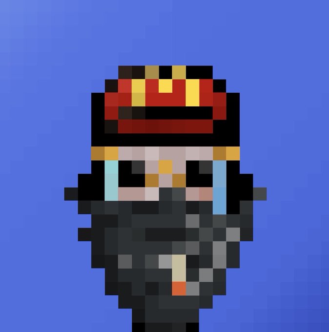 A pixel art character wearing a red and black cap with yellow goggles, crying blue tears on a blue pixelated background.