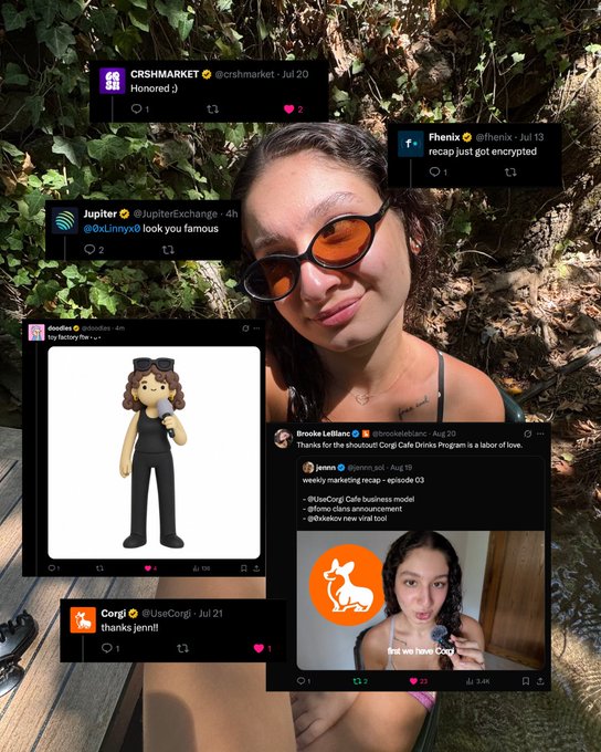 A young woman wearing orange-tinted sunglasses poses outdoors while surrounded by screenshots of tweets from crypto projects including @crshmarket, @fhenix, @JupiterExchange, @UseCorgi, and @doodles, alongside a video call screenshot from @corgileilanie and a message from @spencecrypto about the shoutout for Corgi Cafe Drinks Program. The image illustrates the caption's message about gaining recognition from notable Web3 projects through consistent posting, rather than chasing view counts.