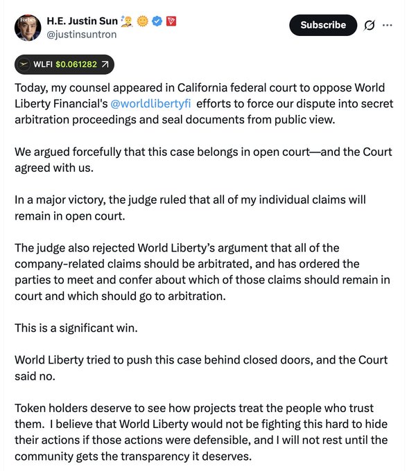 A screenshot of a tweet from H.E. Justin Sun (@justinsuntron) discussing his legal victory in California federal court against World Liberty Financial, where the judge ruled his individual claims will remain in open court rather than secret arbitration. Shows WLFI token price at $0.061282.