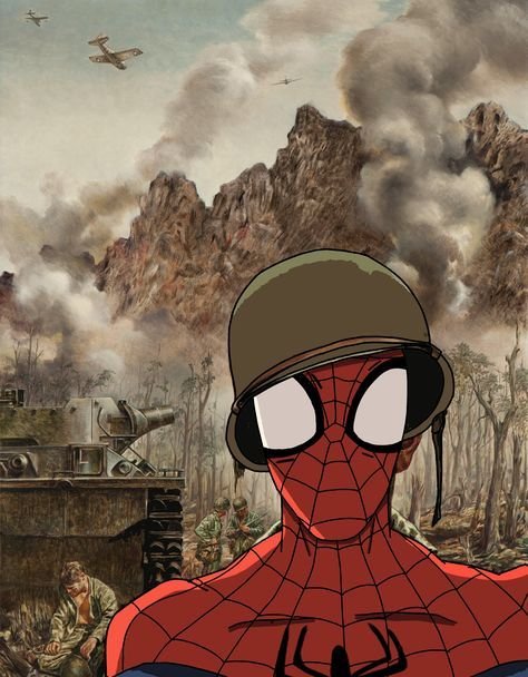 An illustrated image showing Spider-Man wearing a military helmet in the foreground, with a World War II-style battle scene including soldiers, a tank, airplanes, and mountains in the background.